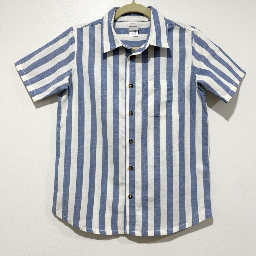 Hannah Andersson Cotton Linen Blend Ivory Blue Coastal Nautical Boys Shirt Sz 12